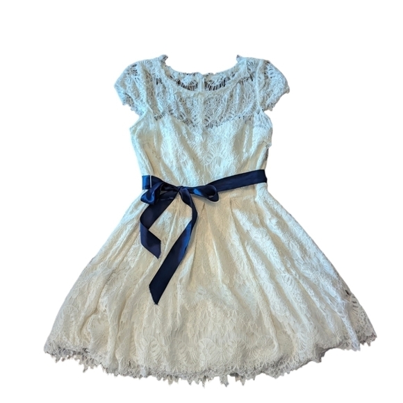 ivory lace dress tulle lined coquette ribbon belt fit & flare Party dress sz 14 - Picture 2 of 8